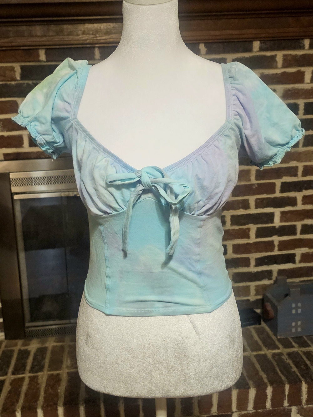 Tie-Front Puff Sleeve Crop Top - Light Aqua Tie Dye